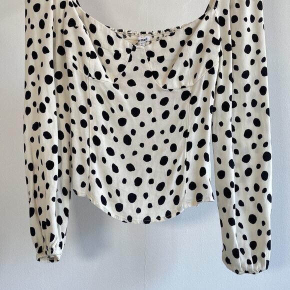 REFORMATION Reign Ink Blot Polkadot Fitted Shirred Top Bodycon Sz 8 Coquette - Picture 4 of 9